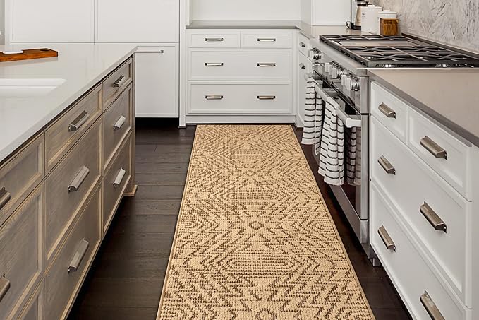 Custom Length Cut to Size Tribal Ethnic Southwestern Inspired Hallway Runner Rug, Non Slip Rubber Backed, 31 inch Wide X Customized Length, Inca Tan, 31 inch X 4 feet, Doormat Size