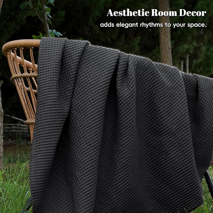 PHF 100% Cotton Waffle Weave Blanket Queen Size 90"x90" - Lightweight Washed Soft Breathable - Perfect Layer for Couch Bed Sofa - Elegant Home Decoration Gift - Black