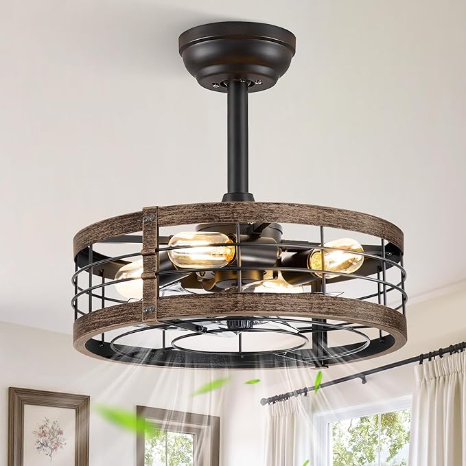 LEDIARY 16.5 Inch Caged Ceiling Fan with Light, Fandelier Farmhouse Ceiling Fan with Remote, Small Bladeless Fan Lights Ceiling Fixtures for Kitchen, Bedroom, Outdoor-Black and Gold