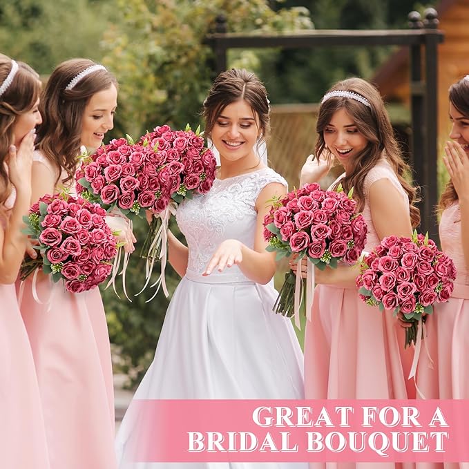 Zeyune 8 Pack 12 Inch Wedding Bouquets for Bride Bridesmaid Pastel Pink Artificial Rose Bouquet Fake Silk Roses Flowers Bunches Bulk for Home Office Garden Parties Decoration