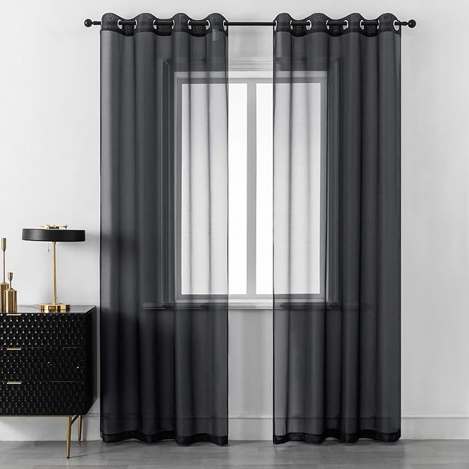 DUALIFE Black Sheer Curtains 84 Inches Length for Living Room Set of 2 Panels Grommet Window Drapes Semi Voile Modern Black Transparent Curtains for Bedroom 52x84 Inch Long