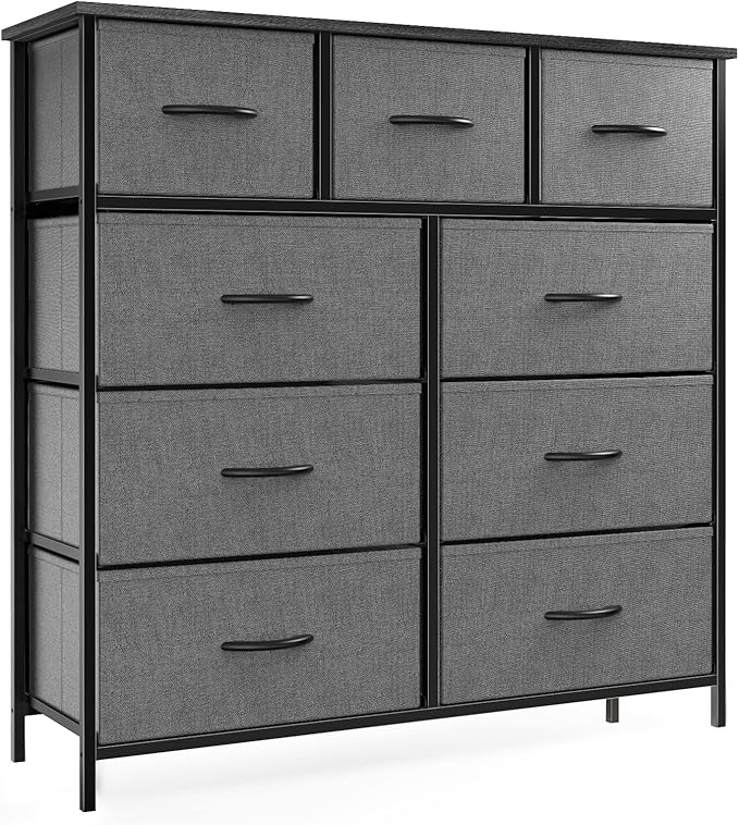 OLIXIS Dresser for Bedroom, 9 Storage Drawers, Tall Large Fabric Storage Tower Organizer, Chest of Drawers with Metal Frame Wooden Top for Nursery, Closet, Living Room, Entryway, Classic Grey