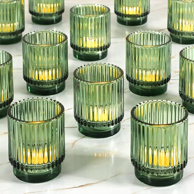 Vintage Ribbed Green Glass Tealight & Votive Candle Holders (Set of 6), Wedding Bridal Shower Party Table Decor, Fall Decor, Boho Decor, Shelf Decoration