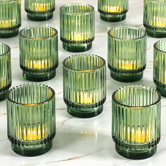 Vintage Ribbed Green Glass Tealight & Votive Candle Holders (Set of 6), Wedding Bridal Shower Party Table Decor, Fall Decor, Boho Decor, Shelf Decoration