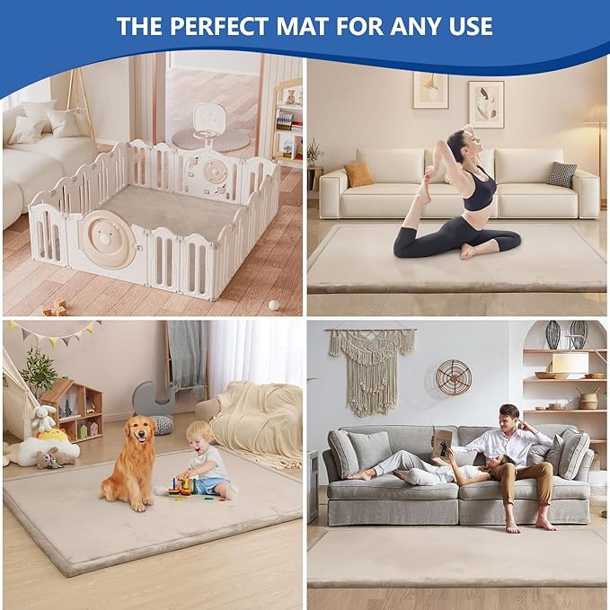 Baby Play Mat for Floor,1.3" Thick Memory Foam Tummy Time Mat for Toddlers,Infants,Kids,Water-Repellent Soft Nursery Rug,Extra Large Non Slip for Crawling&Yoga,Tatami Style for Living Room(Beige)