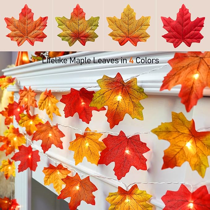 2 Pack Thanksgiving Decorations Maple Leaf Pumpkin Lights, Total 20Ft 40 LED Battery Operated 3D Pumpkin Fall Leaves Garland String Lights for Home Mantel Table Porch Door Indoor Outdoor Fall Decor