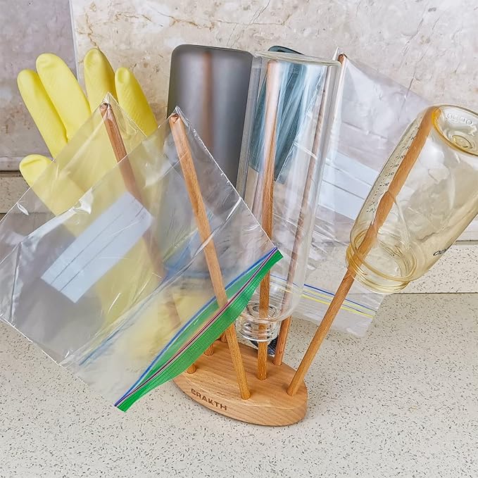 Plastic Bag and Bottle Drying Rack, Reusable Ziplock and Freezer Bag Dryer Rack, Space Saving, Beech Wood