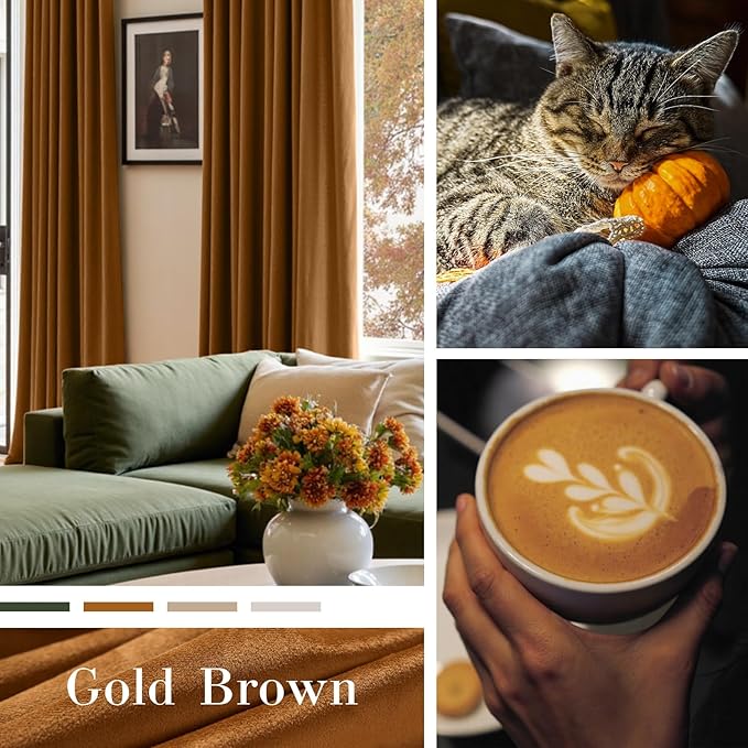 Lazzzy Velvet Blackout Curtains Thermal Insulated Room Window Drapes Super Soft Luxury Curtains for Living Room Bedroom Rod Pocket 2 Panels, Gold Brown, 62" W x 120" L