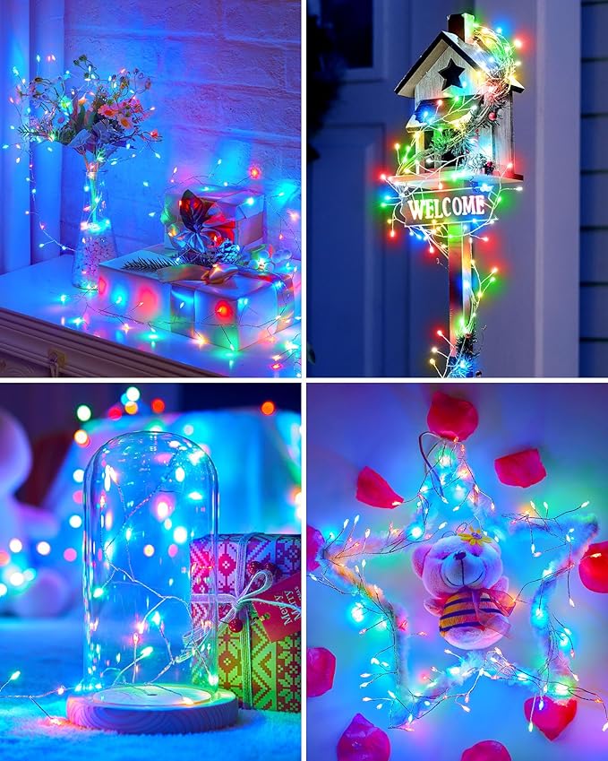 Battery Operated Fairy Lights, 10Feet 120LEDs Firecracker String Lights Waterproof Silver Wire Starry Firefly Lights for DIY Wreath Home Weeding Indoor Outdoor Christmas Decorations, Multicolor