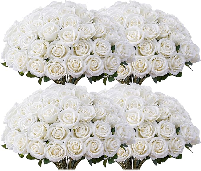 100 PCS Fake White Roses, Artificial Flowers Bulk Realistic Silk Faux Ivory Rose with Stems for Wedding Decorations Table Centerpieces Bridal Bouquet DIY Floral Arrangement Event Party Home Decor