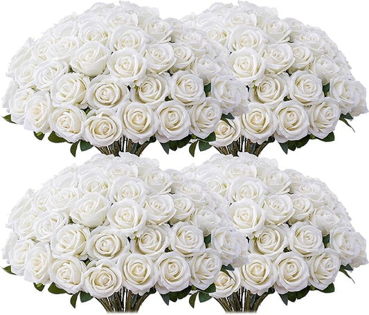 100 PCS Fake White Roses, Artificial Flowers Bulk Realistic Silk Faux Ivory Rose with Stems for Wedding Decorations Table Centerpieces Bridal Bouquet DIY Floral Arrangement Event Party Home Decor