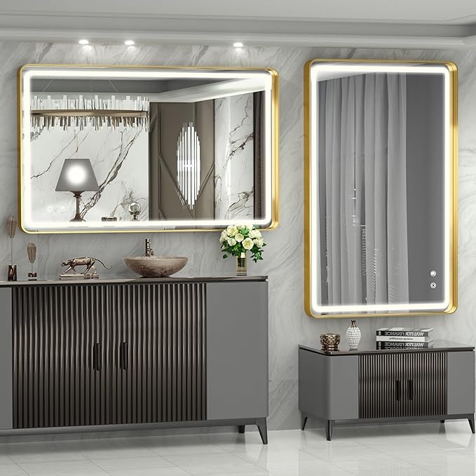 Hasipu LED Bathroom Mirror with Lights 40 x 26 Inch, Gold Metal Frame Light Mirror for Vanity Shaving, Wall Mounted Rounded Rectangle Mirror Anti-Fog, Dimmable, 3 Colors (Horizontal/Vertical)