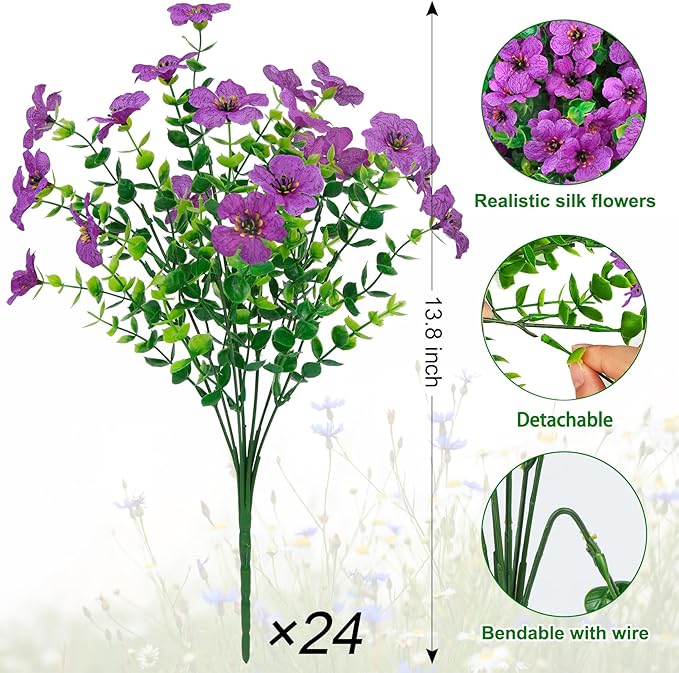 Ouddy Decor 24 Bundles Artificial Flowers for Outdoors Fake Silk Flowers UV Resistant Faux Plastic Plants for Spring Summer Garden Porch Window Box Table Vase Home Indoor Outdoor Decoration, Purple