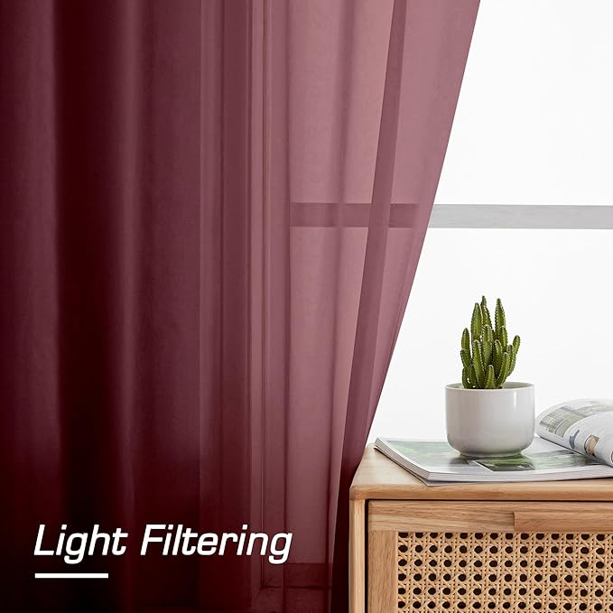 Aiyufeng 108 Inch Red Sheer Window Curtains for Farmhouse, Rod Pocket Voile Window Treatment Vertical Panels for Study Room/Bedroom/Living Room, Burgundy, W40 x L108, 2 Panels
