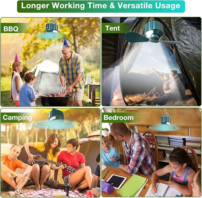 DUKUSEEK Tent Ceiling Fans for Camping, 10400mAH Large Capacity Portable Hanging Tent Fans with Light and Remote Control, USB Battery Operated Camping Fan for Canopy Tent Beach army green
