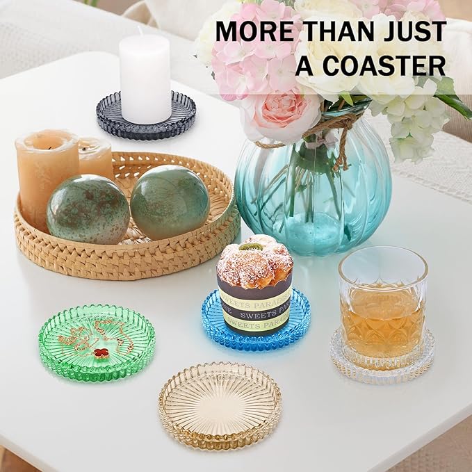 Glass Candle Holders, GOH DODD Set of 8 Crystal Pillar Plates Modern Coasters for Drinks, Centerpiece, Home Decor, Kitchen, Living Room, Patio, Wedding, Halloween, Christmas, Party, Mixed Colors