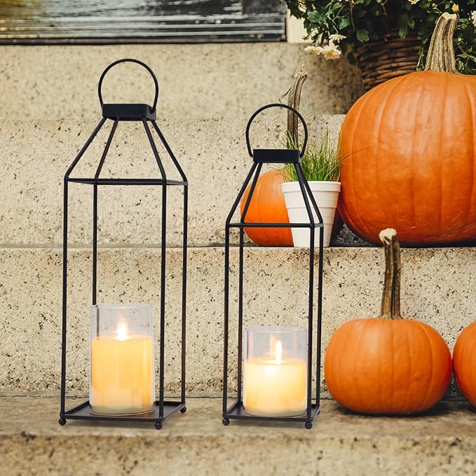 Lanterns Decorative Outdoor 2PCS Living Room Decor Lantern Black Metal Lantern Front Porch Decor Lanterns Decor Indoor with LED Candle Lanterns Decor No Glass for Indoor Outdoor (Small&Large, 2Pcs)