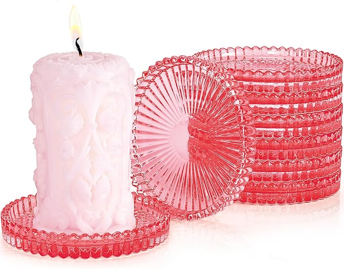 Glass Candle Holders, GOH DODD Set of 8 Crystal Pillar Plates Modern Coasters for Drinks, Centerpiece, Home Decor, Kitchen, Living Room, Patio, Wedding, Halloween, Christmas, Party, Clear Red