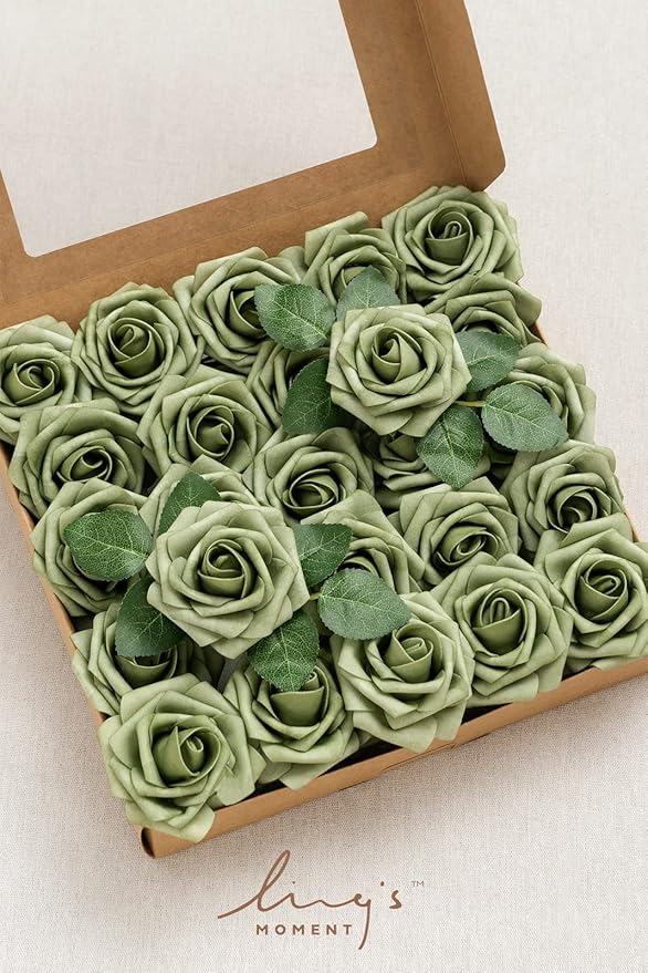 Ling's moment Artificial Flowers 25Pcs Elf Green Roses Decor w/Stems,3" Real Touch DIY Foam Floral for Wedding Bouquet/Centerpieces, Outdoors Party Backdrop, Room/Table, and Garden/Pot Decorations