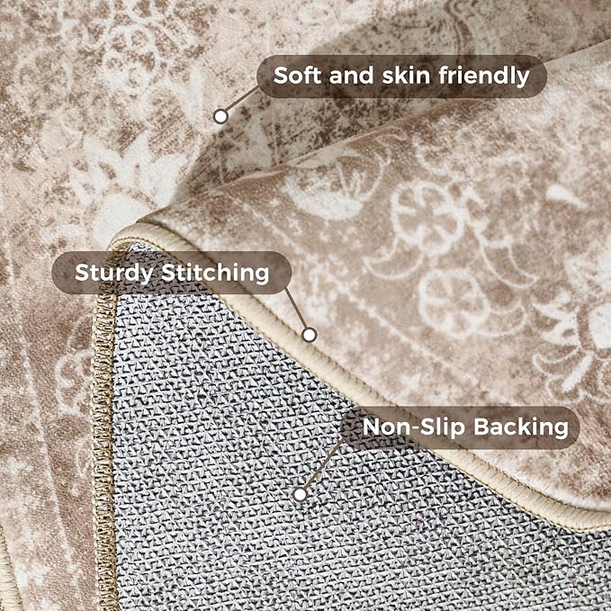 jinchan Round Rug 6ft Area Rug - Brown Vintage Floor Mat Kitchen Indoor - Washable Circle 6' Thin Floral Print Carpet Retro Farmhouse Non Slip Dining Room Living Room Bedroom Office