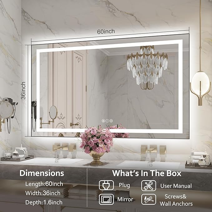 60"x 36" LED Bathroom Mirror with Black Frame, Bathroom Mirror with Lights Front and Backlit, Lighted Mirror Stepless Dimmable, Anti-Fog, Memory, LED Vanity Mirror with Lights 3 Colors