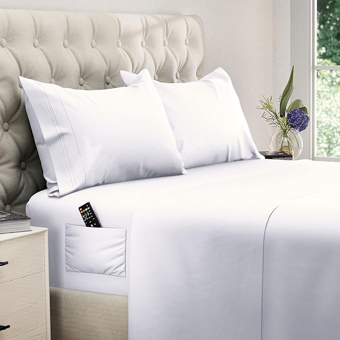 DREAMCARE Twin XL Sheet Sets - 4pc Cooling Sheets XL Twin Sheets - Twin XL up to 21” Deep Pocket – Hotel Luxury Extra Long - White