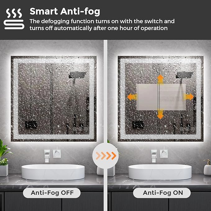 Koonmi 36x36 LED Bathroom Mirror, Backlit + Front Lit, LED Bathroom Mirror with Lights for Wall, 3 Colors, Anti-Fog, Dimmable Brightness, Memory Function, Tempered Glass
