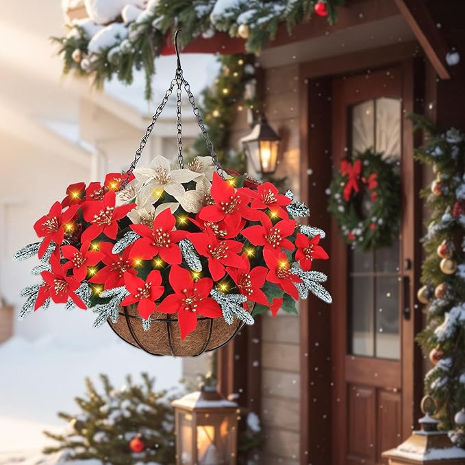 Florielle Artificial Fake Christmas Hanging Flowers Plants Basket with LED Lights, Faux Poinsettia, Pine Branches, for Outdoor New Year Xmas Decoration, Porch Home Holiday Decor (White)