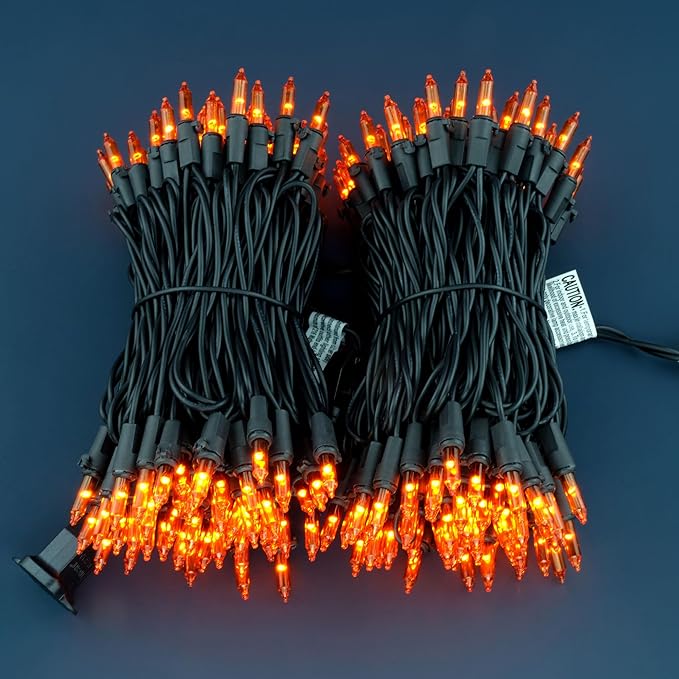YULETIME Orange String Lights with Black Wire, 66 ft 200 Count UL Certified Christmas Light, Pack of 2 Sets 33 ft 100 Light Set for Halloween Fall Holidays (Orange)