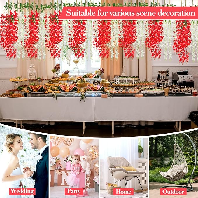 Giegxin 24 Pcs Artificial Wisteria Hanging Flowers 3.6 ft Artificial Fake Wisteria Vine Rattan Hanging Garland Silk Flowers String for Wall Home Wedding Party Greenery Decorations (Dark Red,White)