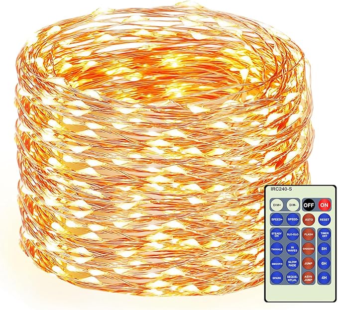 Decute 300Led 99FT Copper Wire Christmas Fairy String Lights Dimmable with Remote Control Starry Lights with UL Cerficated Decorative for Party Wedding Bedroom Yard Christmas Tree Warm White