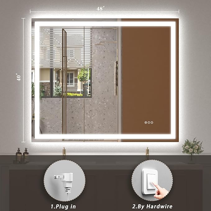 48x40 inch Large LED Mirror for Bathroom, Lighted Vanity Mirror for Wall, Dimmable, Anti-Fog, Shatter-Proof, ETL Listed (Front Lights + Backlit)
