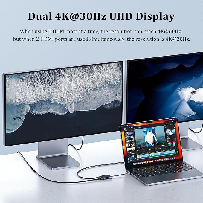 USB C to Dual HDMI Adapter, with 2 4K@60Hz HDMI Docking Station, Type C to HD Splitter for 2 Monitors, Suitable for MacBook Air/Pro, Dell, HP, Lenovo, Chromebook, Surface USB Type C Laptops