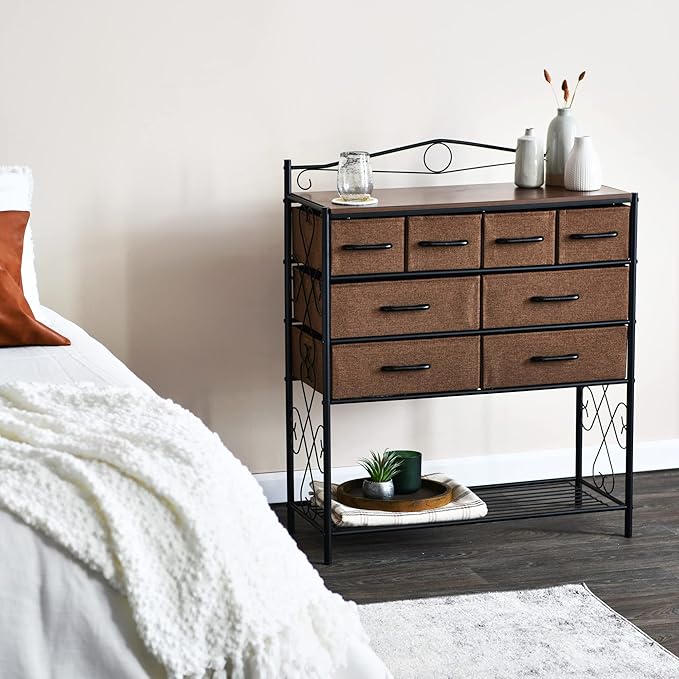 Household Essentials Victorian Style 8-Drawer and Bottom Shoe Shelf Storage Organizer Unit, Black and Walnut Color
