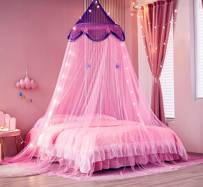 Bed Canopy with Lights,Bed Canopy for Girls Canopy Bed Curtains Girls Bedroom Decor for Twin to King Size Bed (Purple and Pink)