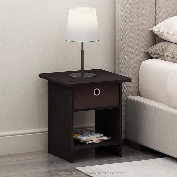 Furinno Dario End Table / Side Table / Night Stand / Bedside Table with Bin Drawer, 2-Pack, Dark Walnut