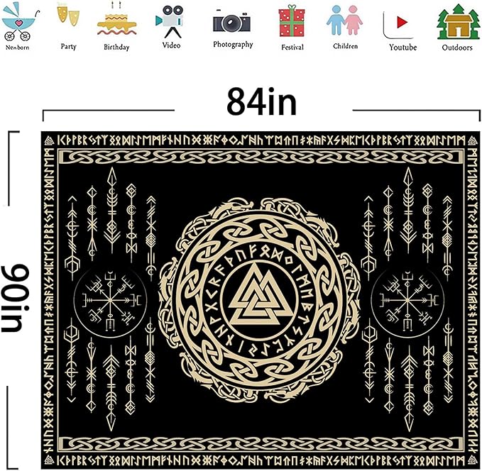 OSUNBD Nordic Viking Tapestry Wall Hanging - Large 84x90 inches Soft Flannel with Valknut, Celtic Runes & Norse Mythology Scandinavian for Bedroom, Living Room Decor