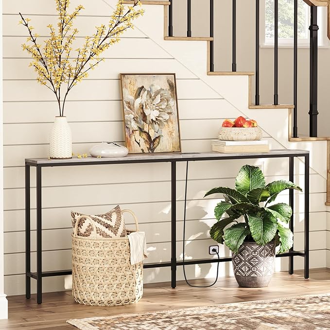70.9'' Console Table with Power Outlet, Narrow Sofa Table, Industrial Entryway Table with USB Ports, Behind Couch for Entryway, Hallway, Foyer, Living Room, Greige CTHG18E01Z1