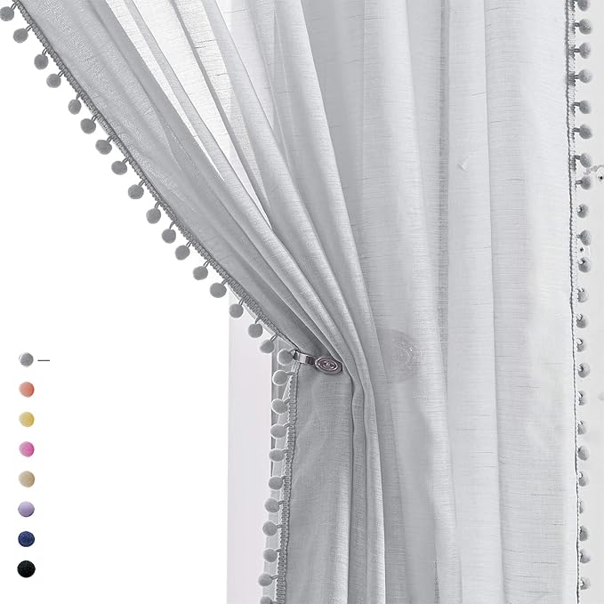 Treatmentex Pompom Sheer Curtains for Bedroom Windows 72" Light Grey Linen Texture Curtain Panels for Living Room Office 2panels