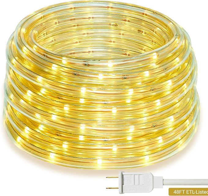 48ft Warm White LED Rope Lights Outdoor - 324 LEDs Christmas Rope Lights, 120V ETL Certified, Connectable to 192ft, Weather-Resistant, w/24 Mounting Clips & Screws - Cozy Home & Café Decor