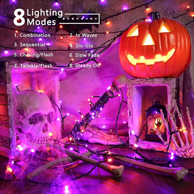 ODEETRONIC Orange Purple Lights, 164ft 500LED Outdoor Halloween String Lights, Plug in Orange Halloween Light with 8 Modes, Twinkle Purple Mini Light Timer Waterproof for Indoor House Tree Party Decor