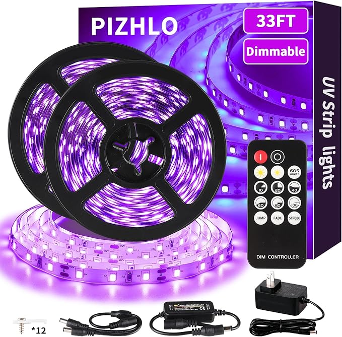 Upgraded 33ft/10M LED Black Light Strip Set with Remote, 600 LEDs, 12V Self-Adhesive Dimmable Black Light Fixture, for Dance Parties, SMD2835 LED Lamp Beads, Non-Waterproof