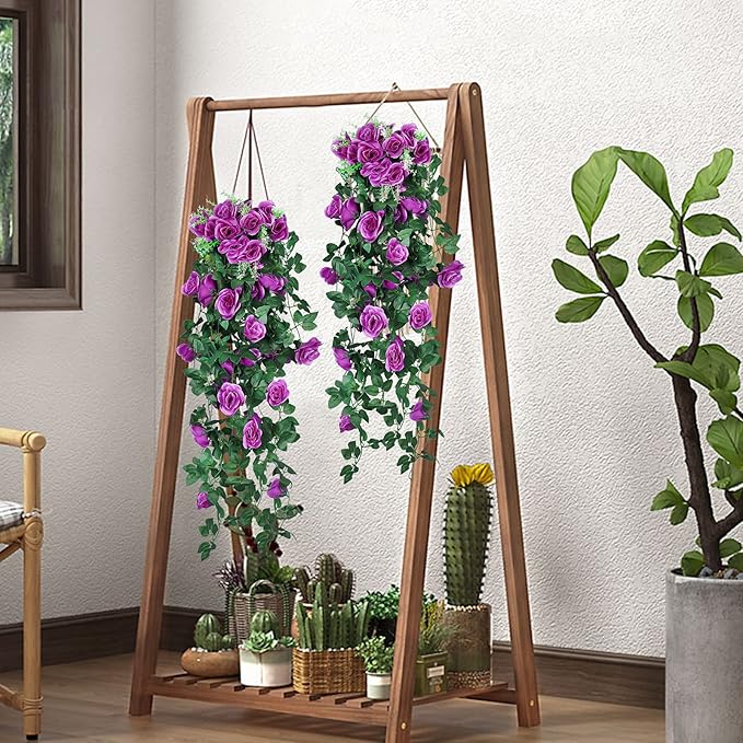 RECUTMS 2Pieces 3.3Ft Fake Hanging Flowers Artificial Rose Plants Wall Décor Wedding Home Garden Decoration (Purple)