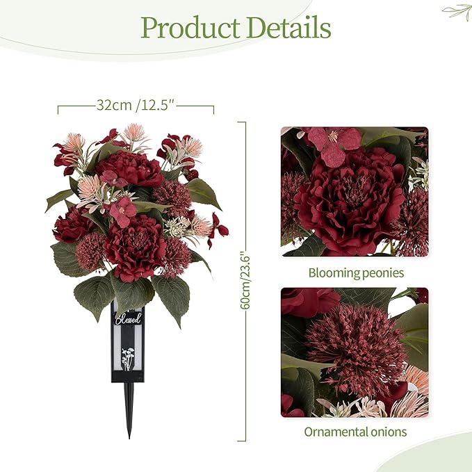 Red Cemetery Flowers for Grave: 2 Pcs Peony Grave Flower Bouquets for Cemetery Decorations - Christmas Outdoor Gravesite Flowers with Vase