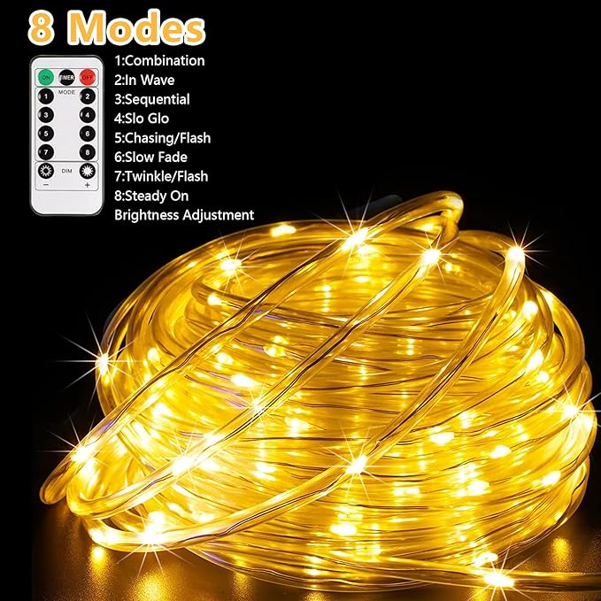 LED Rope Lights Battery Operated String Lights-40Ft 120 LEDs 8 Modes Outdoor Waterproof Fairy Lights Dimmable/Timer with Remote for Camping Party Garden Holiday Decoration(Warm 1 Pack)