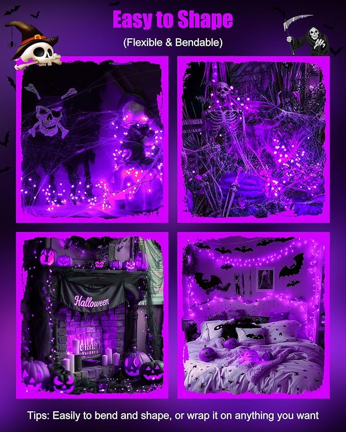 Halloween Fairy Lights Battery Operated, 10 Feet 120LEDs Firecracker String Lights Waterproof Silver Wire Starry Firefly Light for Bedroom Home Haunted House Indoor Outdoor Holiday Decorations, Purple