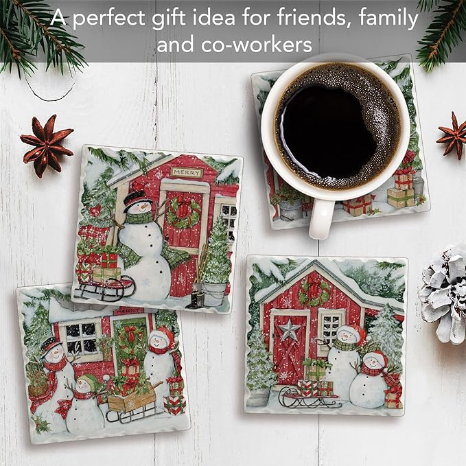 Thirstystone Snowman's Farmhouse 4 Pack Assorted Tumbled Tile Stone Coasters with Protective Cork Backing 4" Square Manufactured in The USA