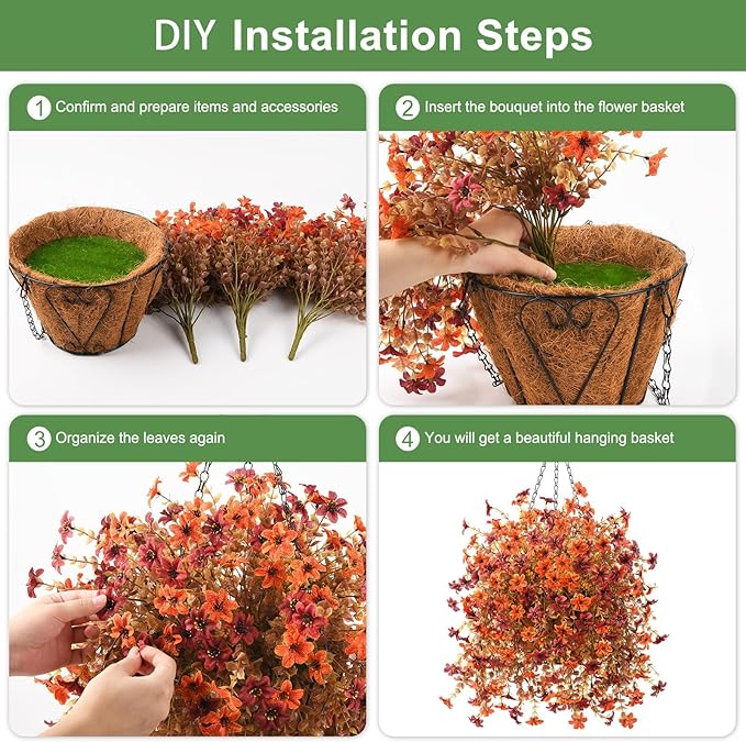 INQCMY Fall Artificial Faux Hanging Flowers Plants Basket for Outdoor Outside Decoration,Fake Silk Daisy in Planter Realistic UV Resistant for Home Porch Balcony Patio Yard Autumn Decor（Orange Brown）