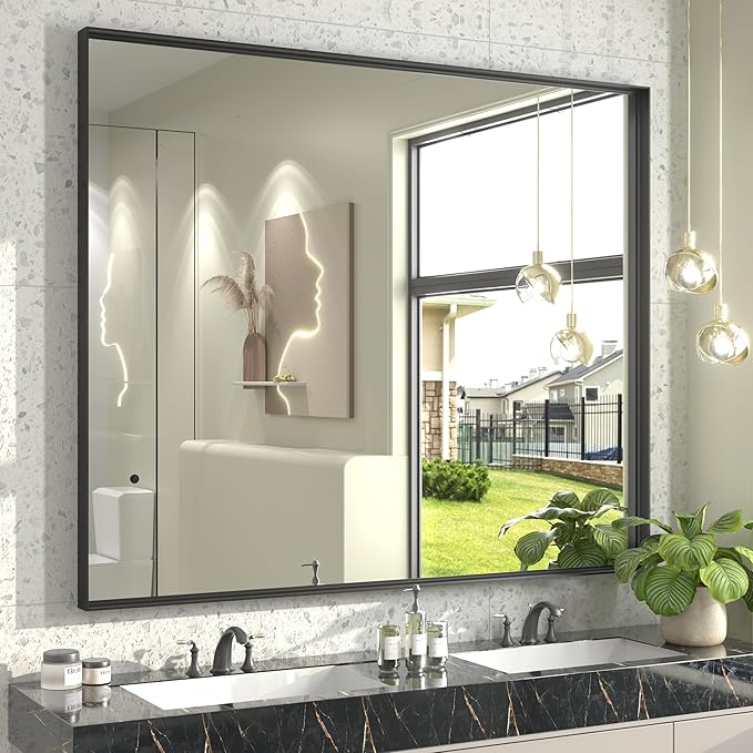 48x40 Inch Black Metal Framed Bathroom Mirror for Wall, Large Rectangle Mirror, Matte Black Bathroom Vanity Mirror, Anti-Rust, Square Corner, Shatterproof (Horizontal/Vertical)