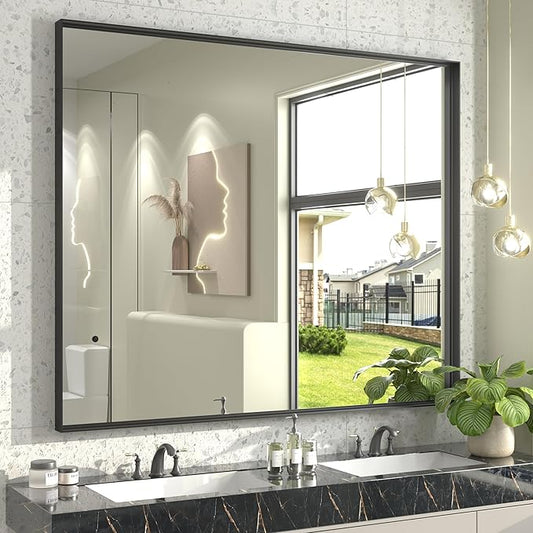 48x40 Inch Black Metal Framed Bathroom Mirror for Wall, Large Rectangle Mirror, Matte Black Bathroom Vanity Mirror, Anti-Rust, Square Corner, Shatterproof (Horizontal/Vertical)